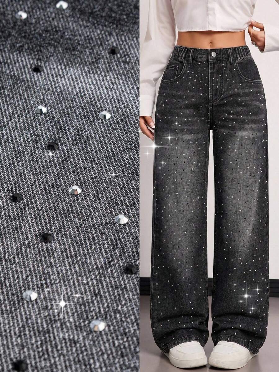 Girls' Loose Fit Washed Denim Jeans, Soft Cotton, Casual, Fashionable, Versatile, Daily Wear, Relaxed Waist With Elastic, Star Embellishments, Suitable For Casual, Vacation, Daily - Black - View 1