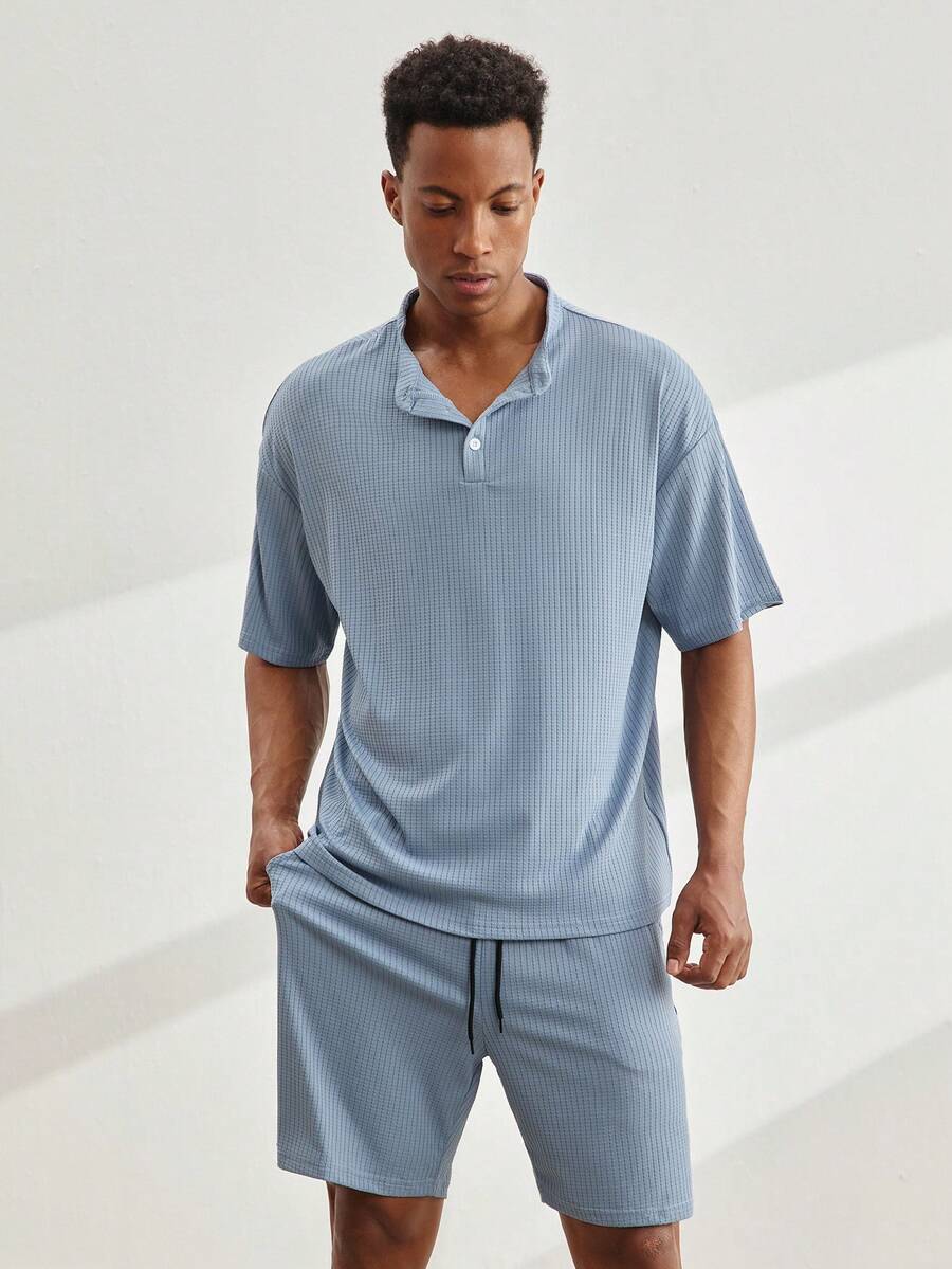 Driftmere Bộ áo thun nam, áo thun cổ kéo nửa thân, dáng rộng vai rớt, vải dệt jacquard, bộ áo thun màu xám xanh. - Màu xanh lam - Xem 1