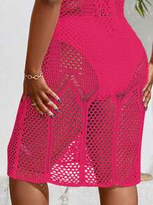 Slaydiva Plus Size Solid Color See-Through Round Neck Sleeveless Cover Dress With Tail Hem Summer - Hot Pink - View 4