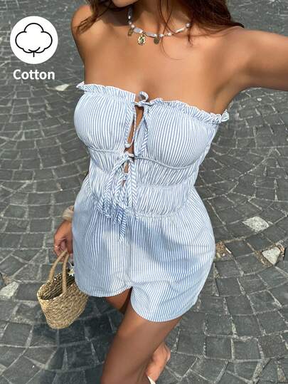 SHEIN PETITE Áo ống cotton kẻ sọc xanh trắng và quần short cạp chun, kiểu dáng jumpsuit cho nữ dáng nhỏ nhắn, thích hợp cho kỳ nghỉ hè, đi biển, đi làm, thanh lịch, tối giản, thường ngày, đa năng.