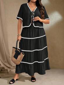 Roveilla Conjunto de 2 piezas talla grande para mujer: Camisa de manga corta con cuello en V y recorte a color con lazo delantero, y falda mini con volantes en el bajo - Negro - Ver 3