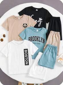 SHEIN 8件套男童舒适休闲日常百搭字母印花短袖T恤短裤套装，适合春夏穿着，日常穿着、运动、郊游、上学、聚会、节日、拍照、返校季等场合皆宜。 - 彩色 - 查看 2