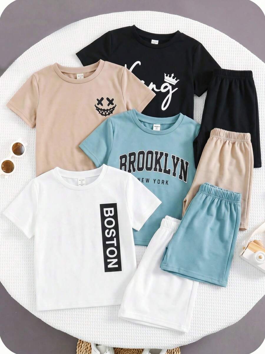 SHEIN 8件套男童舒适休闲日常百搭字母印花短袖T恤短裤套装，适合春夏穿着，日常穿着、运动、郊游、上学、聚会、节日、拍照、返校季等场合皆宜。