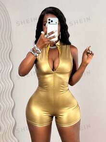 SHEIN BamGlam 女士紧身露背涂层连体衣 - 黃色 - 查看 4