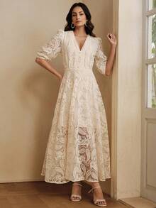 Anewsta Romantic French Style High-End Jacquard Petal Sleeve V-Neck Waist Flared Dress, Apricot Color, Suitable For Spring & Summer - Apricot - View 6