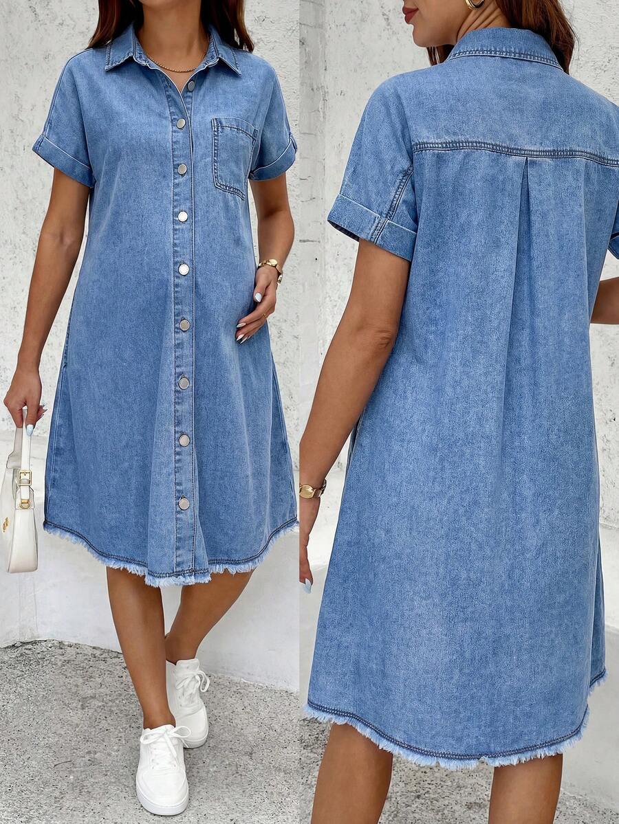SHEIN Maternity Dusky Blue Summer Casual Denim Dress,Single-Breasted Button Front Light Wash Jeans Dress With Pocket,Rolled Cuffs And Frayed Hem For Women - Blue - View 1