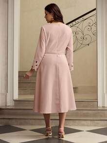 ZEYLAH Dusty Pink Cinched Waist Dress With Long Sleeves And Elegant Waistline Tea Party Autumn - Pink - View 3
