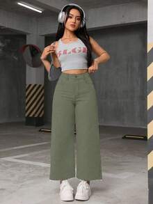 SHEIN ICON 大码女式休闲日常通勤简约纯色宽松阔腿牛仔裤 - 軍綠色 - 查看 4