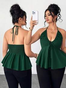 Elenzga Áo hai dây gợi cảm hở lưng, cổ chữ V sâu, màu trơn dành cho nữ, thích hợp cho kỳ nghỉ và hẹn hò. - Màu xanh lá cây đậm - Xem 1