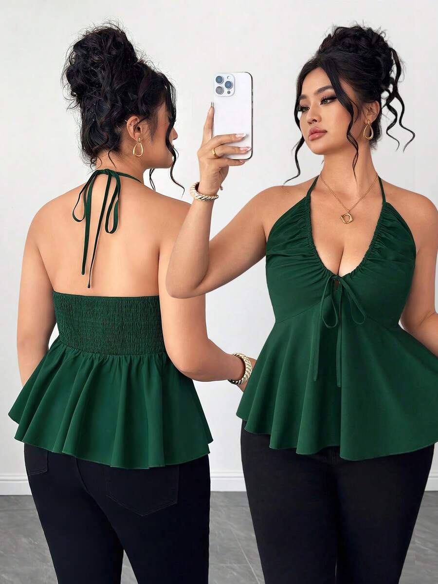 Elenzga Áo hai dây gợi cảm hở lưng, cổ chữ V sâu, màu trơn dành cho nữ, thích hợp cho kỳ nghỉ và hẹn hò. - Màu xanh lá cây đậm - Xem 1