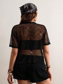 Freevana Áo thun ngắn tay đính sequin, viền tua rua khoét rỗng, đa năng, dành cho nữ, cỡ lớn. - màu đen - Xem 2