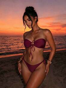 SHEIN Swim Solid Color Bikini Set, Vacation Beach For Summer - Burgundy - View 1