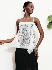 Aveloria Modichic Cami Tank Top Blouse Loose A-Line Sequin Textured Chiffon Spaghetti Strap Layered Draped Hem Elegant Chic White Party Summer Business Professional Women Sequin Embroidery Solid Summer Tops Blouses For Women Summer Outfits For Women Sexy Tops Sequin Top Holiday For 28°C Above High Temperature - Multicolor - View 5