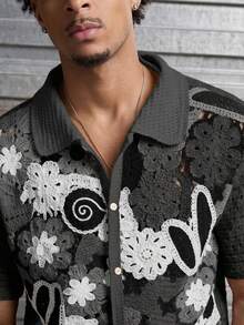 AXEPEAK Men's Drop Shoulder Short Sleeve Front Button Contrast Color Knit Sweater - Multicolor - View 6