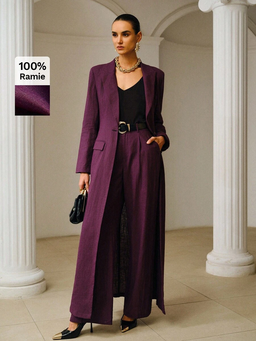 ZEYLAH Women's 100% Ramie Solid Color Pleated Button Casual Versatile Wide Leg Pants For Daily Wear, Spring Summer, Linen - Purple - View 1