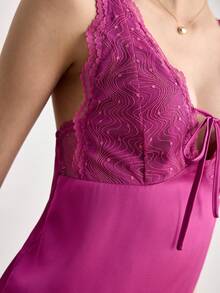 Ocili 2pcs Bohemian Style Lace Trim Camisole & Pants Sleepwear Set, Comfortable Women Pajamas - Hot Pink - View 4