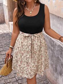 SHEIN VCAY 大码女式休闲度假碎花拼接连衣裙，夏季女装，乡村风女装，锐舞派对夏季女装，沙滩连衣裙，波西米亚风度假装 - 彩色 - 查看 5