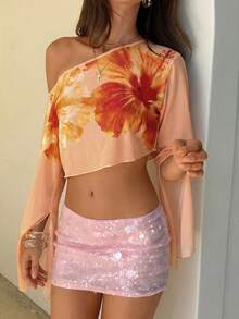 Aloruh 女士优雅露肩单斜肩印花薄纱喇叭袖沙滩度假T恤 - 橘色 - 查看 7