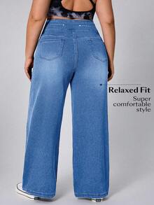 SHEIN CURVE+ Quần jean denim dệt kim co giãn dáng thường ngày dành cho nữ cỡ lớn - Rửa nhẹ - Xem 2