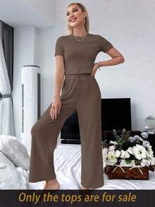 Lazeform Camiseta corta de unicolor básica para mujer, nueva prenda casual de primavera/verano - Marrón Chocolate - Ver 6