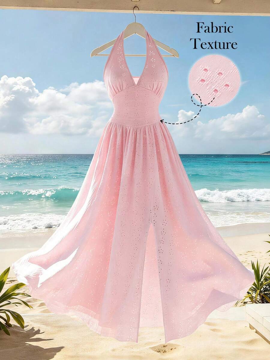 Selianne Women's V-Neck Cinched Waist Fitted Textured Fabric A-Line Slit Dress, Fashionable For Spring/Summer Vacation Golf Pastal Sexy - Pink - View 1