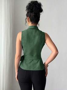 SHEIN LUNE Women's Solid Color Shawl Collar Sleeveless Shirt With Side Waist Tie - Dark Green - View 2