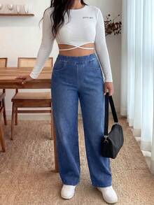 SHEIN Unity Plus Size Casual Washed High Waist Loose Fit Jeans, For Apple Rounded Body Shape - Medium Wash - View 3