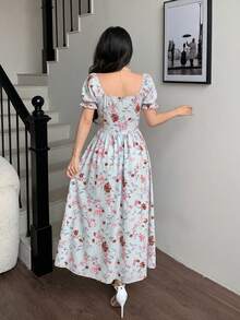 Vestido con cuello de volantes, mangas abullonadas, cintura con lazo y estampado de flores diminutas en patchwork, con estilo francés elegante para vacaciones - Azul - Ver 2
