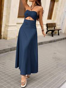 Women's Solid Color Pleated Halter Tie Textured Fashion Dress,Summer Dresses For Women - Navy Blue - View 3