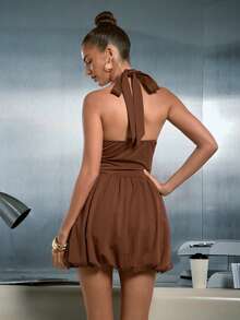 Hauture Vestido mini de mujer con detalle de corsé, elástico y bajo de burbuja, color marrón café, verano, elegante, cita nocturna, escote, fiestas de vacaciones, hora del cóctel, atuendo de boda - Marrón - Ver 2