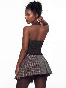 Modviera Top vintage a quadri con spalle scoperte, collo alto e sexy, top elegante a quadri, adatto per vacanze estive, Natale e Capodanno, per uscite sociali, stile vintage da indossare a scuola, adatto per vacanze, appuntamenti, tè pomeridiano, stile occidentale - Castano - Visualizzare 2