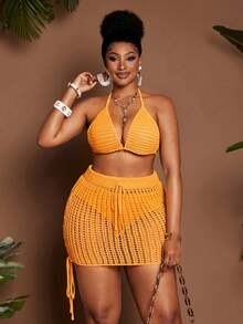 Maweii Bộ đồ nữ gồm áo croptop hở lưng cổ yếm gợi cảm, thời trang và chân váy ngắn cạp chun thắt nơ, thích hợp cho đi biển, nghỉ dưỡng, mùa hè. - Vàng - Xem 3