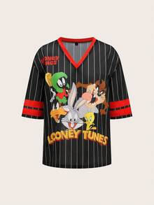 Slaydiva LOONEY TUNES X SHEIN Áo thun lưới cổ chữ V dáng thường ngày dành cho nữ - Nhiều màu - Xem 7