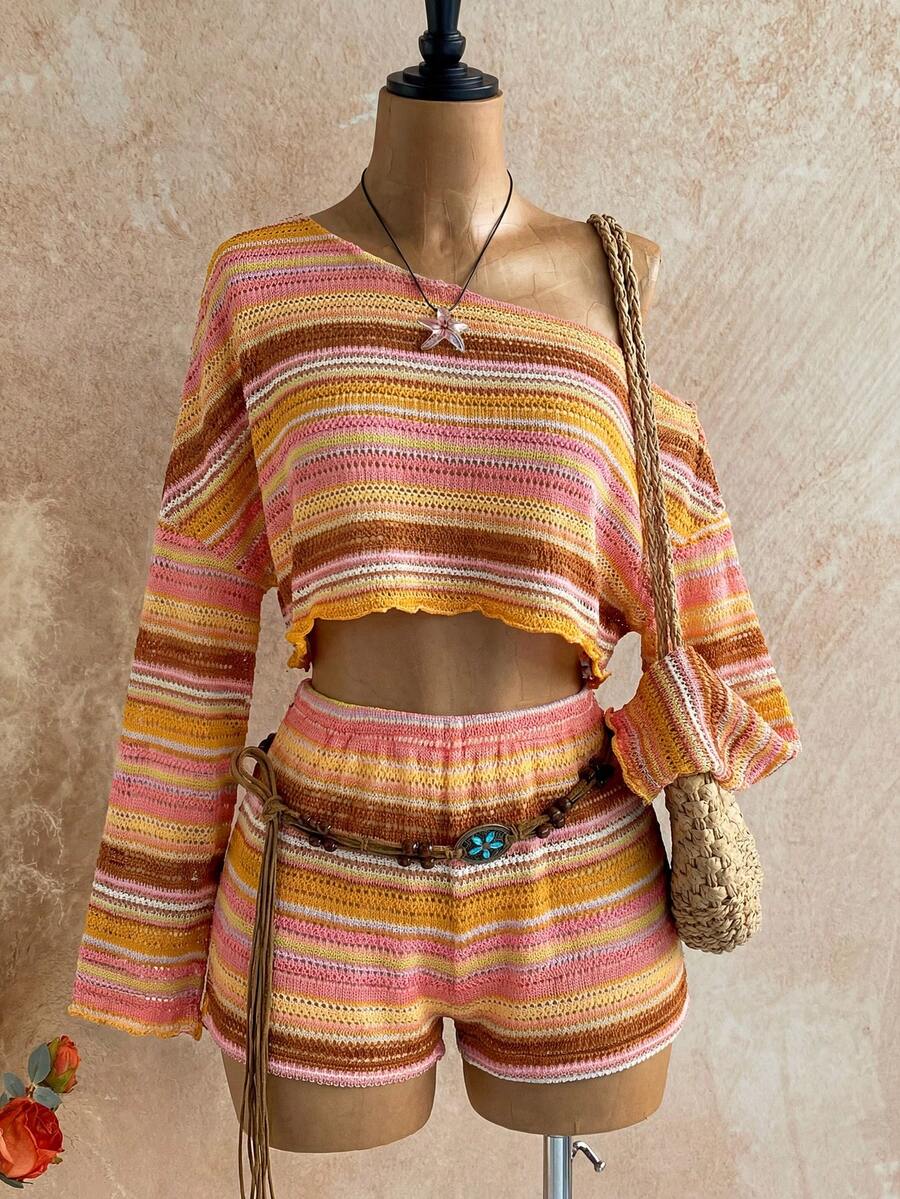Soleia Bộ đồ thể thao nữ đi nghỉ mát, kẻ sọc, cổ áo bất đối xứng, áo crop top và quần short (2 món) - Nhiều màu - Xem 1