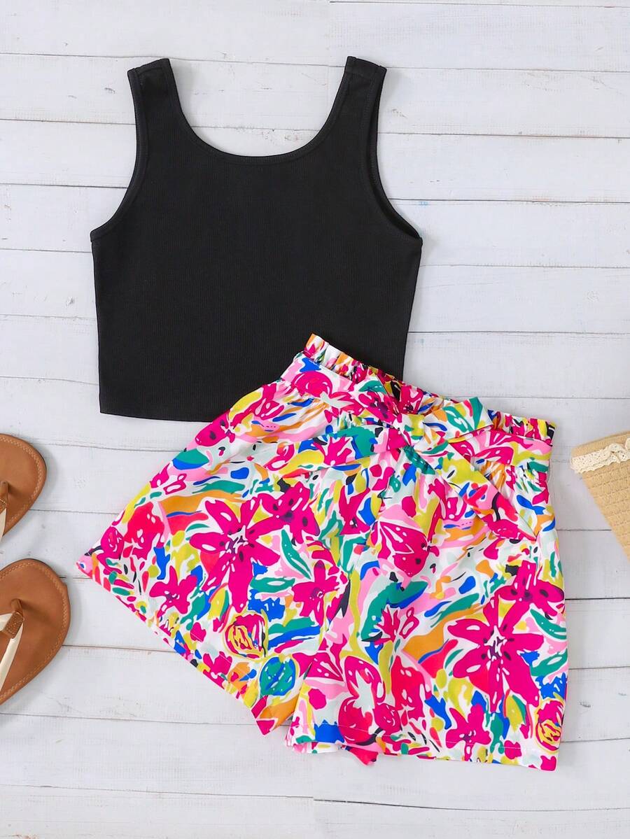 Conjunto de 2 piezas de top de tirantes con estampado floral tropical y shorts de cintura alta para niña preadolescente - Negro - Ver 1