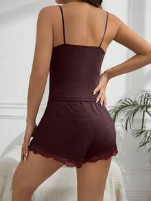Women's Summer Solid Color Contrast Lace Slim Cropped Camisole And Shorts Pajama Set - Burgundy - View 2