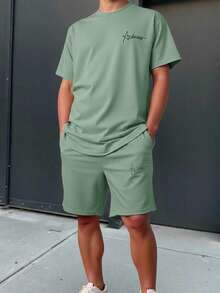 SHEIN 2 pezzi/set Maglietta a maniche corte e pantaloncini casual, versatili e comodi con stampa di lettere di alto valore per ragazzi adolescenti, stile urbano e casual - Menta Verde - Visualizzare 9