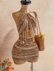 Soleia 女士毛衣连衣裙，吊带领，流苏饰边，扎染波浪图案 - 彩色 - 查看 4