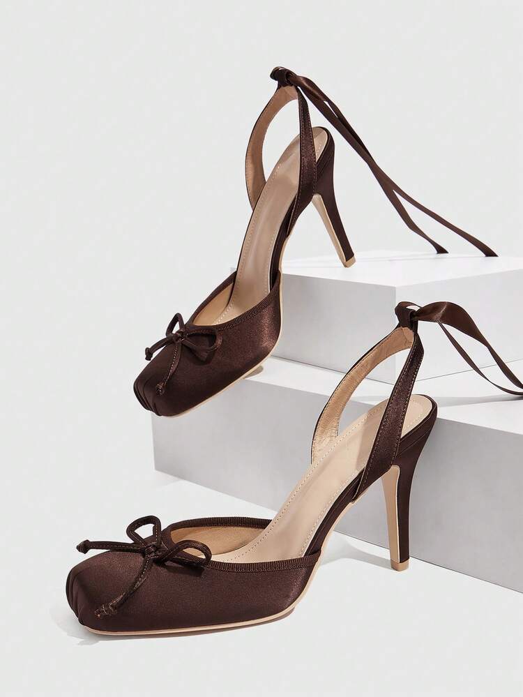 CUCCOO SZL Women's Pointed Toe Dark Brown High Heel Pumps, Hollow Bowknot Lace-Up Backless Cute Sexy Party Lolita Clubwear Spring Shoes