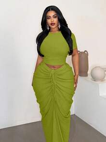 Maweii Plus Size Sexy Fitted Beach Ruched Skirt 2 Pieces Set - Green - View 2
