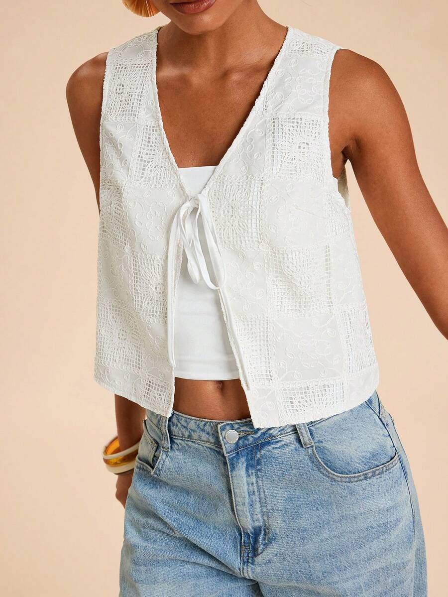 Travachic Women's Floral Embroidery Pattern Lace-Up Casual Versatile Daily Wear Top - White - View 1