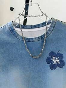 Teen Girl Casual Denim Effect Print Short Sleeve T-Shirt, Flower Print, Summer - Multicolor - View 3