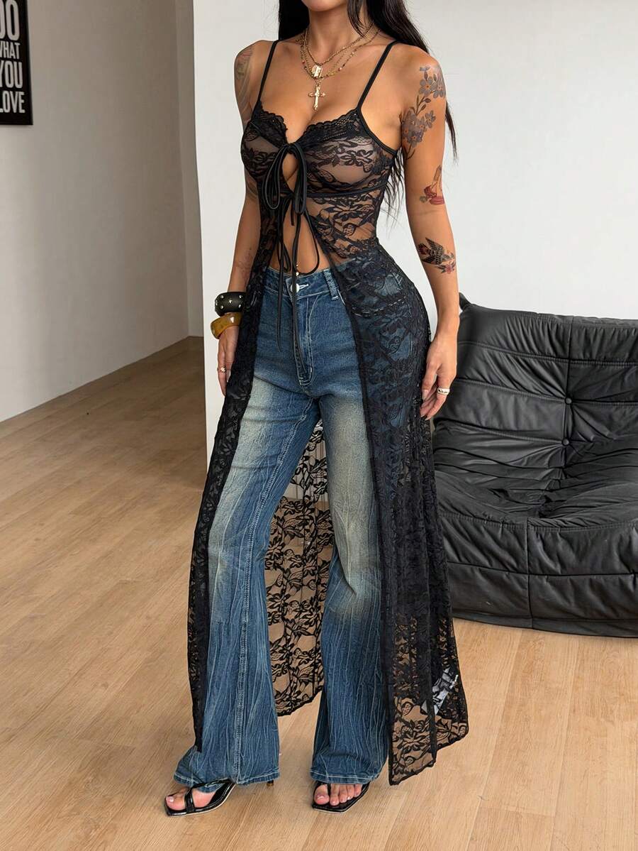 Coolane 女士夏季音乐节街头风 Y2K 度假休闲装扮 西式蕾丝弹力吊带无袖长款薄纱罩衫 - 黑色 - 查看 1