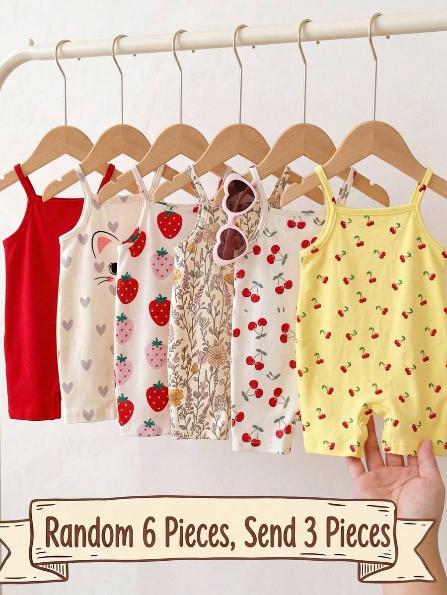 SHEIN Baby Girl Casual Knitted Solid Color Halter Romper Set, Random 6 Pieces, Send 3 Pieces - Red - View 1