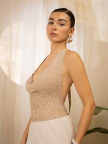 Andrea Bello 系带深V领派对风女士针织上衣，2026年新款，海滩度假风。度假、夏季假期、优雅、假日、度假。闪亮针织上衣。 - 卡其色 - 查看 4