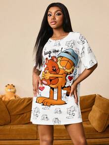 GARFIELD | SHEIN 女士休闲可爱卡通字母印花宽松夏季睡裙 - 白色 - 查看 4