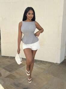 Alexandranx New Summer Backless Bow Waist Sleeveless Shirt For Women, Gray Commuter Casual Tops For Women White - White - View 1