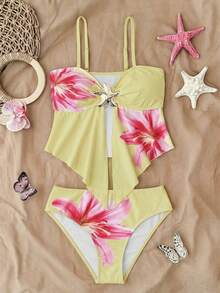 Tankinis de niñas adolescentes con tirantes de espagueti, decoración de estrella de mar de metal, conjunto de bikini con base rosa y gran estampado floral, traje de baño de playa, trajes de baño de primavera/verano para niñas adolescentes. Traje de baño de una pieza con lazo para niñas, traje de baño para niñas, trajes de baño para niñas, trajes de baño florales de verano para vacaciones, traje de baño con flores - Amarillo - Ver 3