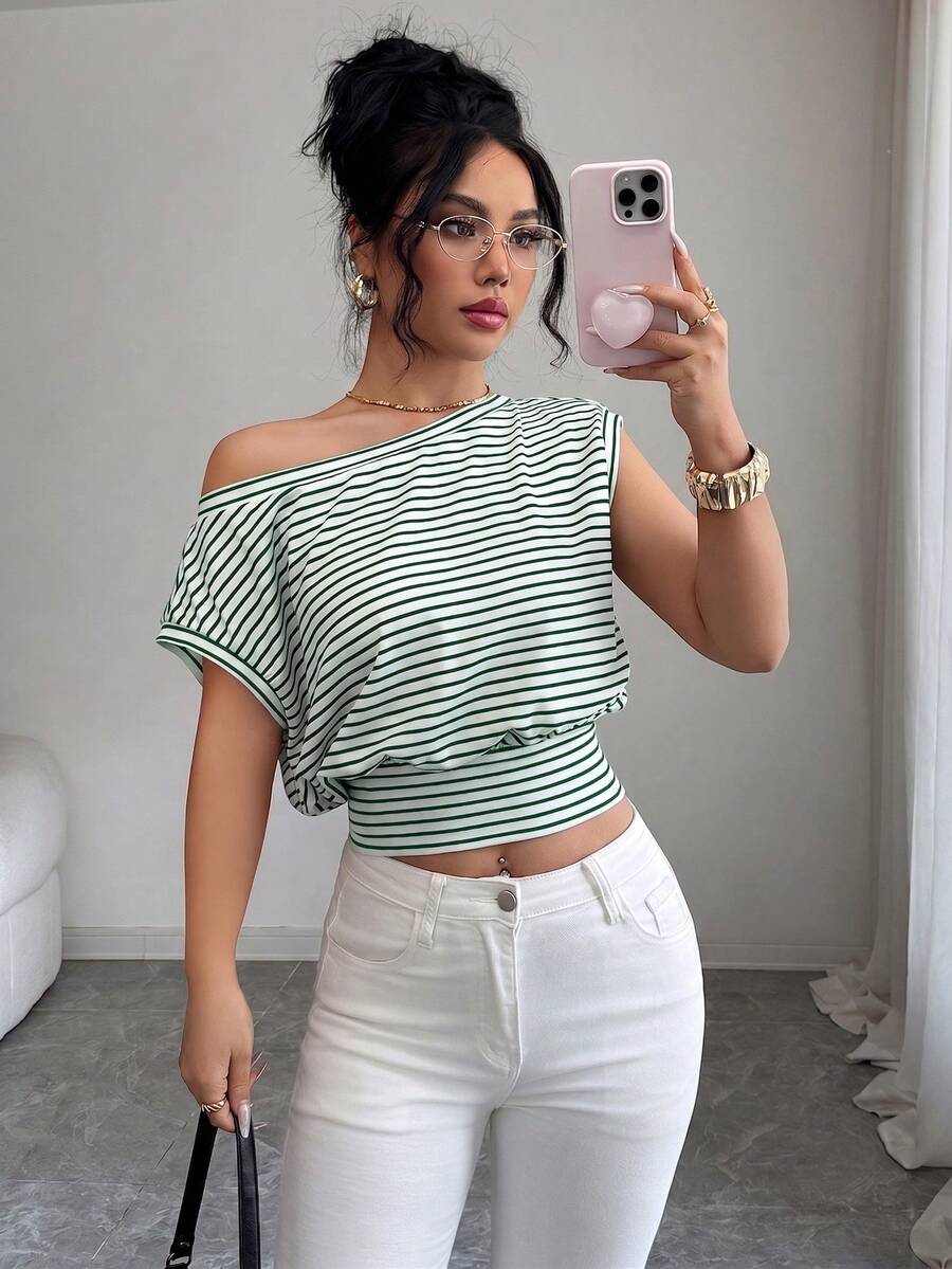 SHEIN Elenzya Asymmetric Waist Hem Oblique Shoulder Elegant Office Lady T-Shirt - Multicolor - View 1