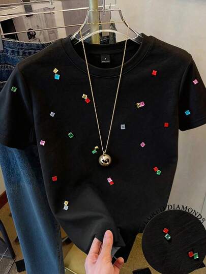 Everyssa Women's Fashion Casual Rhinestone Embellished Square Neck Short Sleeve Loose T-Shirt